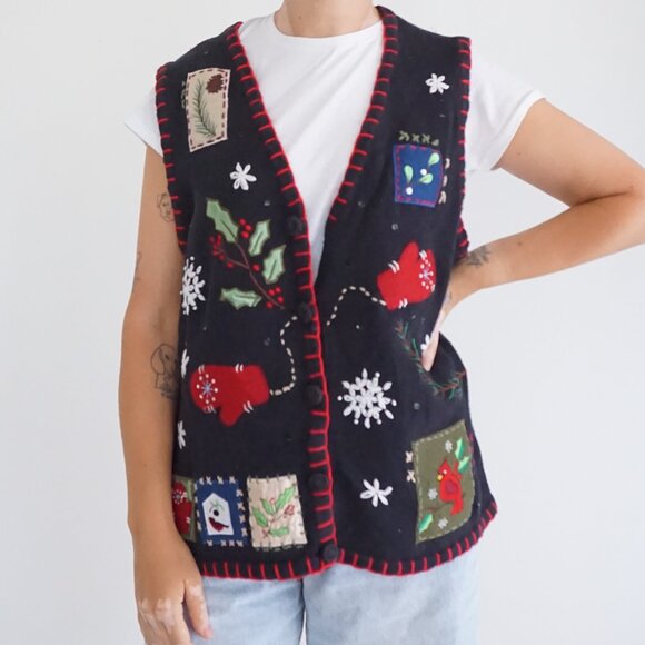 Vintage Basic Editions Black Knit Vest Winter Festive Holiday Cabincore Vest M - Picture 1 of 9